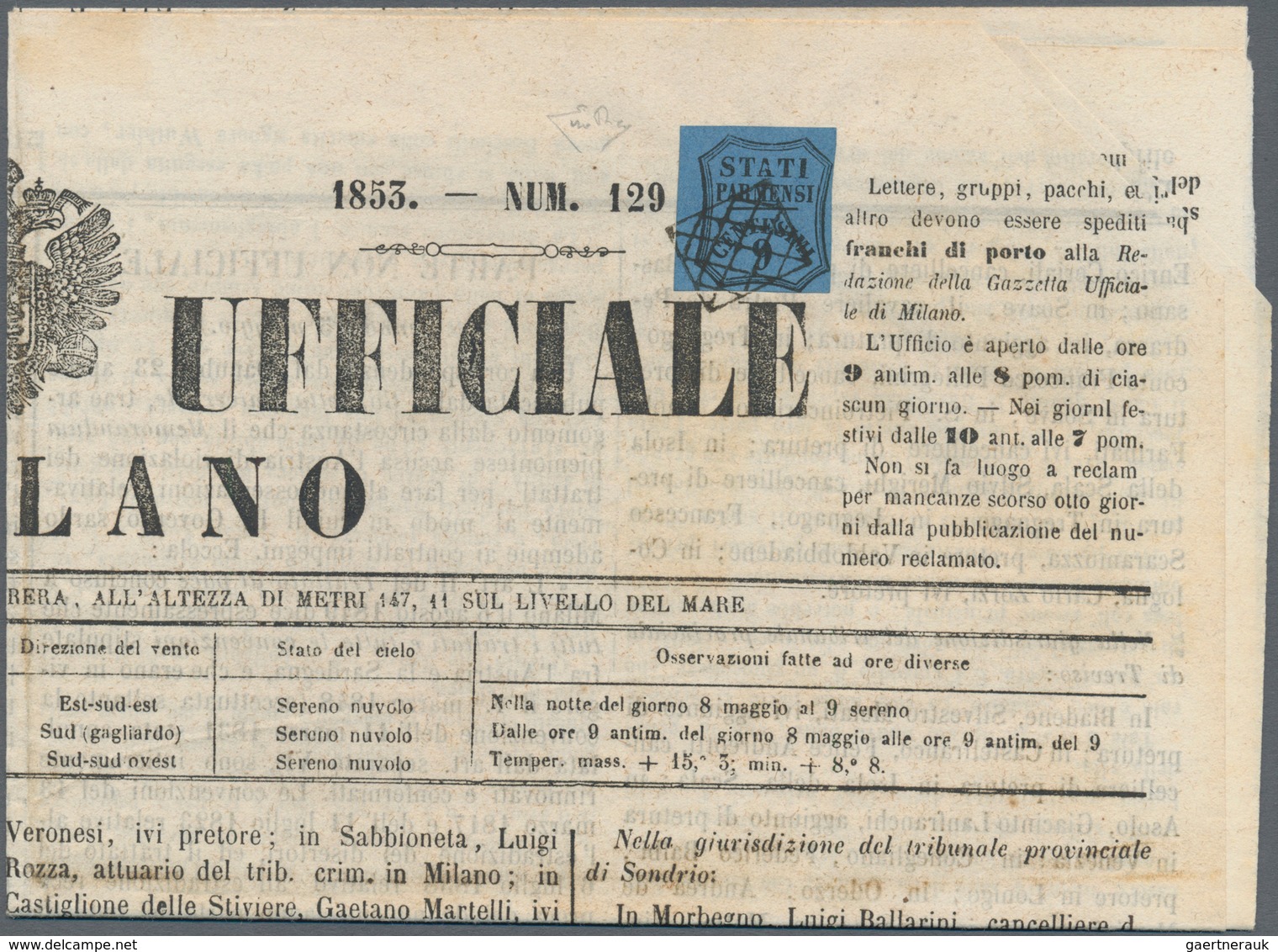 00793 Italien - Altitalienische Staaten: Parma - Zeitungsstempelmarken: 1853, Postage Due For Newspapers, - Parme