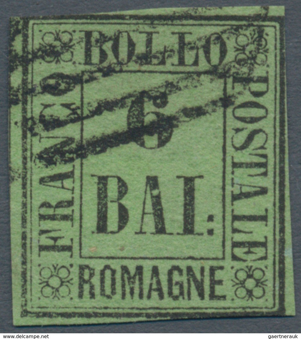 00796 Italien - Altitalienische Staaten: Romagna: 1859, 6 Baj. Black On Green Yellow, Used, Short Margins. - Romagne