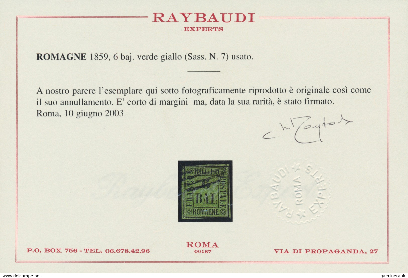 00796 Italien - Altitalienische Staaten: Romagna: 1859, 6 Baj. Black On Green Yellow, Used, Short Margins. - Romagna
