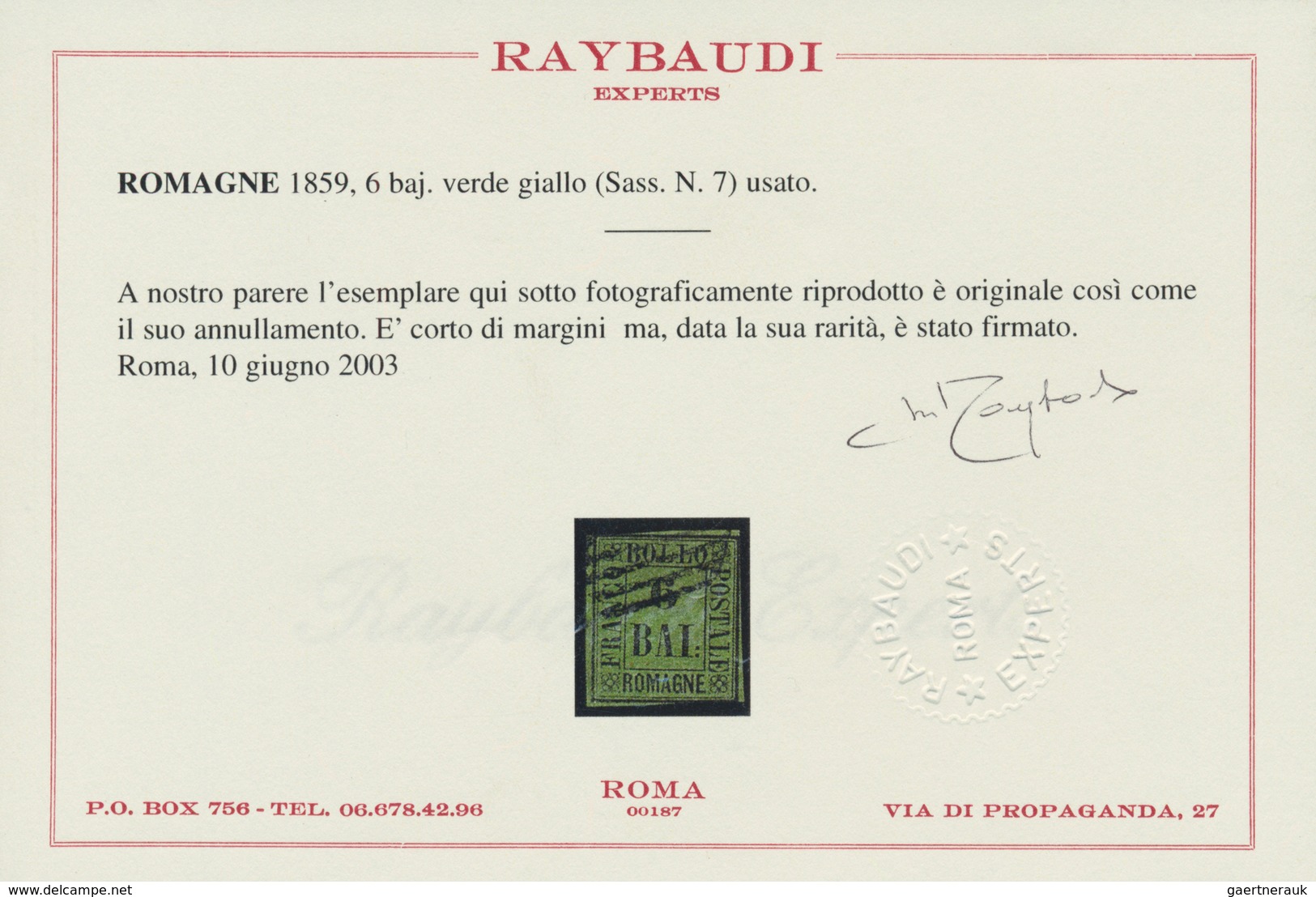 00796 Italien - Altitalienische Staaten: Romagna: 1859, 6 Baj. Black On Green Yellow, Used, Short Margins. - Romagne