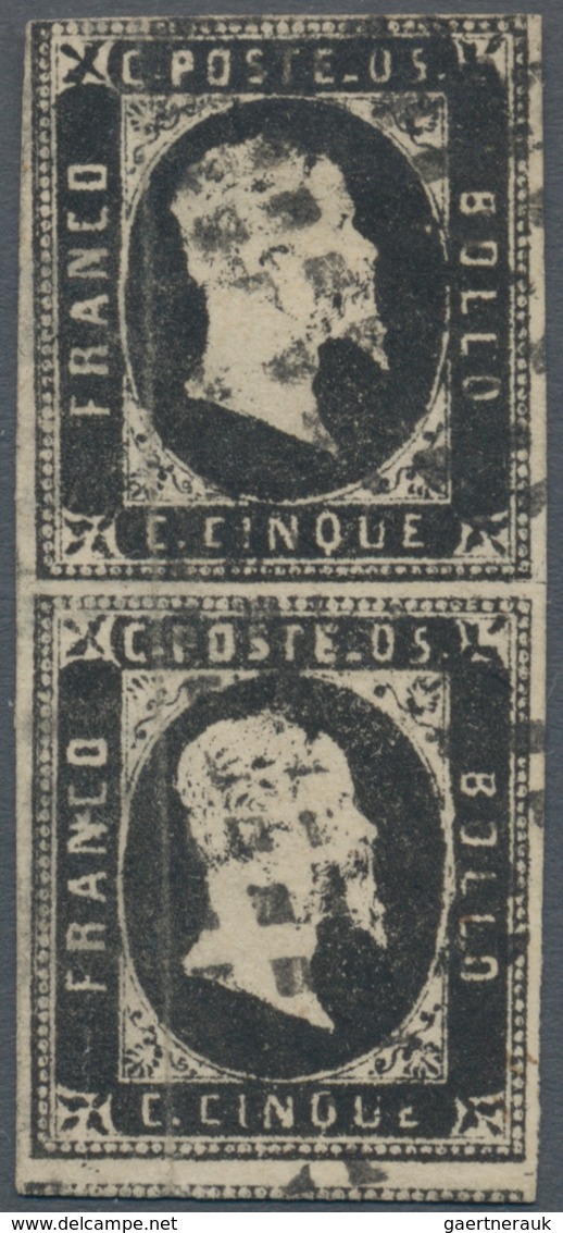 00797 Italien - Altitalienische Staaten: Sardinien: 1851: 5 Cents Black, Vertical Pair, Cancelled By Part - Sardinia
