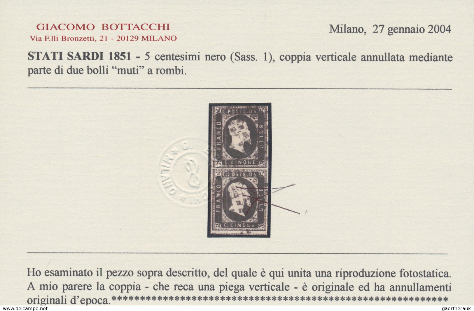 00797 Italien - Altitalienische Staaten: Sardinien: 1851: 5 Cents Black, Vertical Pair, Cancelled By Part - Sardegna