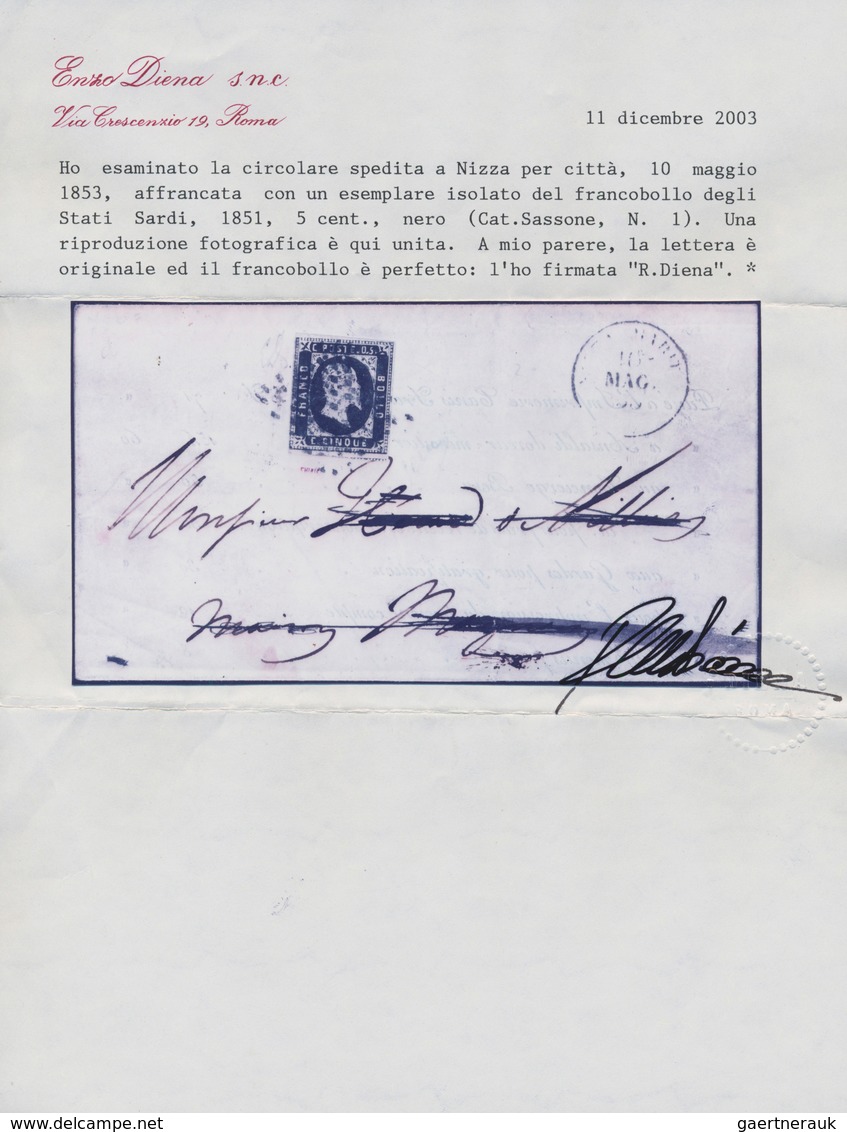 00798 Italien - Altitalienische Staaten: Sardinien: 1851, 5 Cents Black, Isolated Use (Sassone 45.000 ?) O - Sardaigne