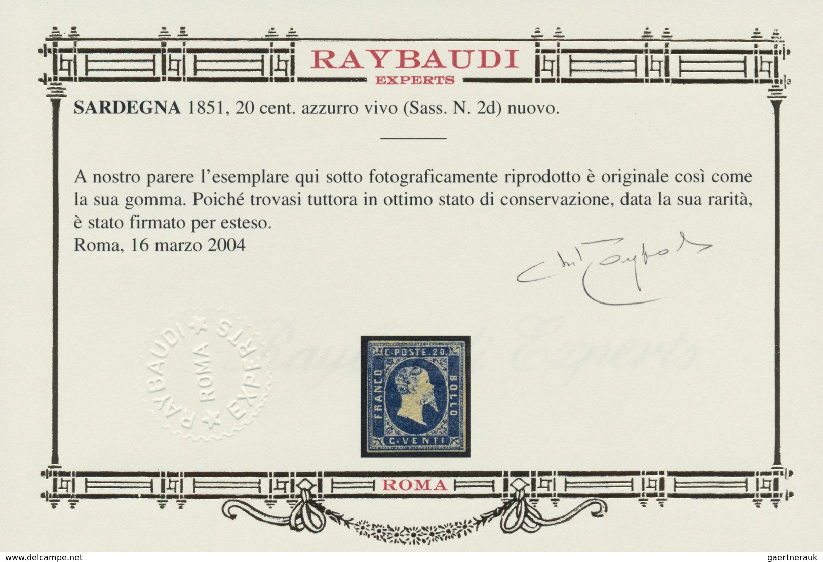 00800 Italien - Altitalienische Staaten: Sardinien: 1851, 20 Cents Blue, Mint. (Sassone 2d, ? 24,000); Sig - Sardinia