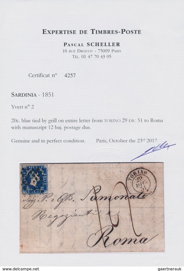 00801 Italien - Altitalienische Staaten: Sardinien: 1851, First Issue, 20c Blue Extremely Fine Example Wit - Sardinien