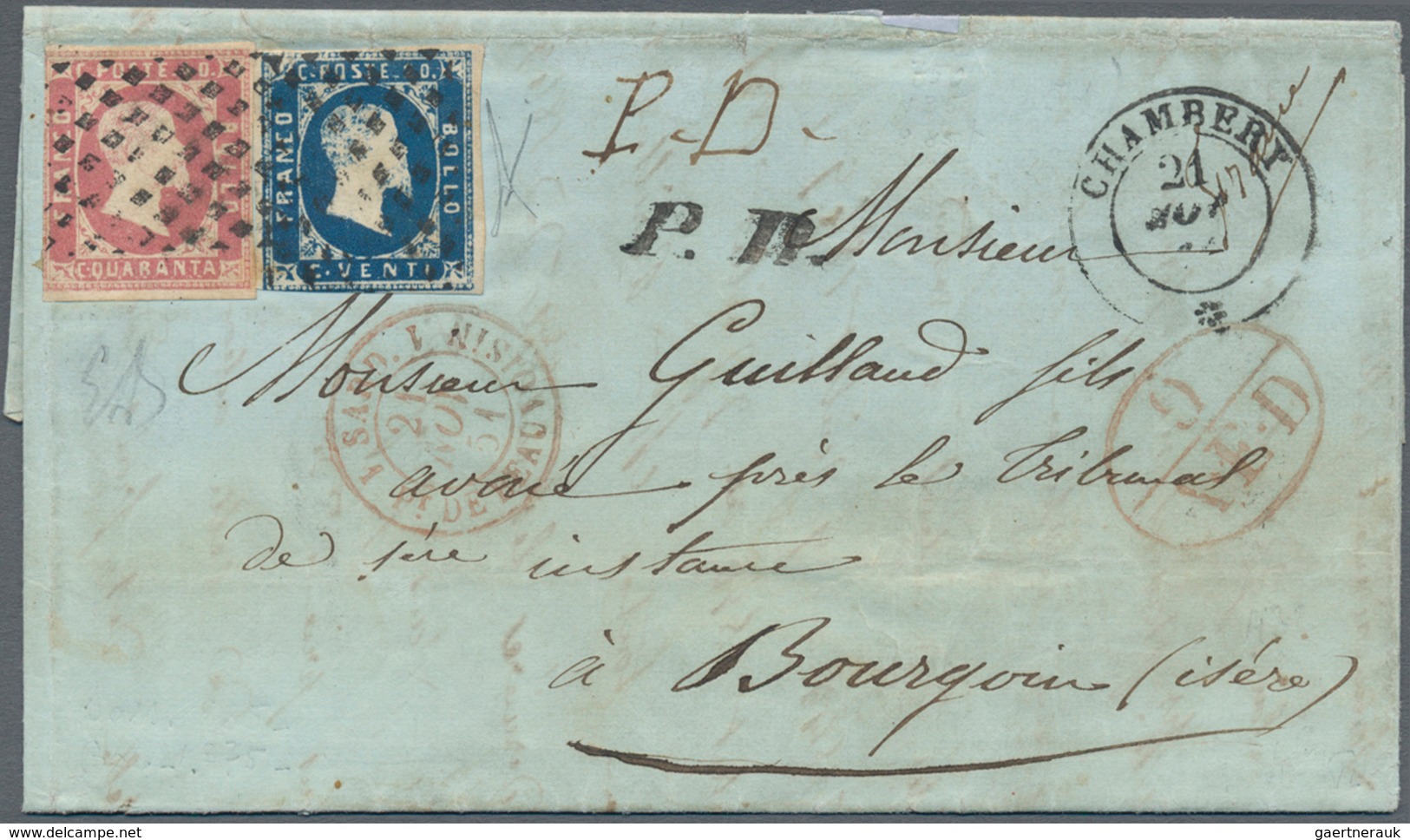 00803 Italien - Altitalienische Staaten: Sardinien: 1851, 40 Cents Rose And 20 Cents Azure On Letter To Bo - Sardegna