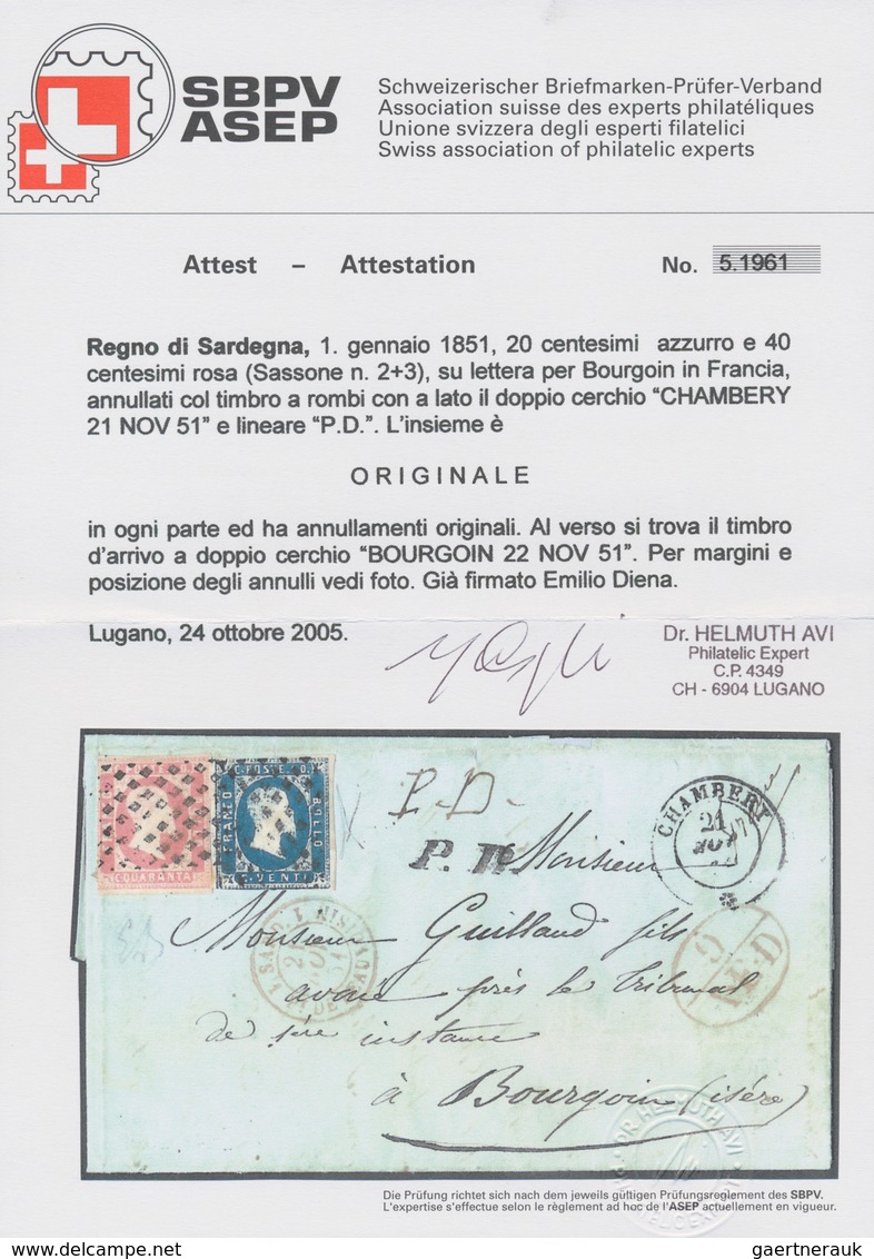 00803 Italien - Altitalienische Staaten: Sardinien: 1851, 40 Cents Rose And 20 Cents Azure On Letter To Bo - Sardegna