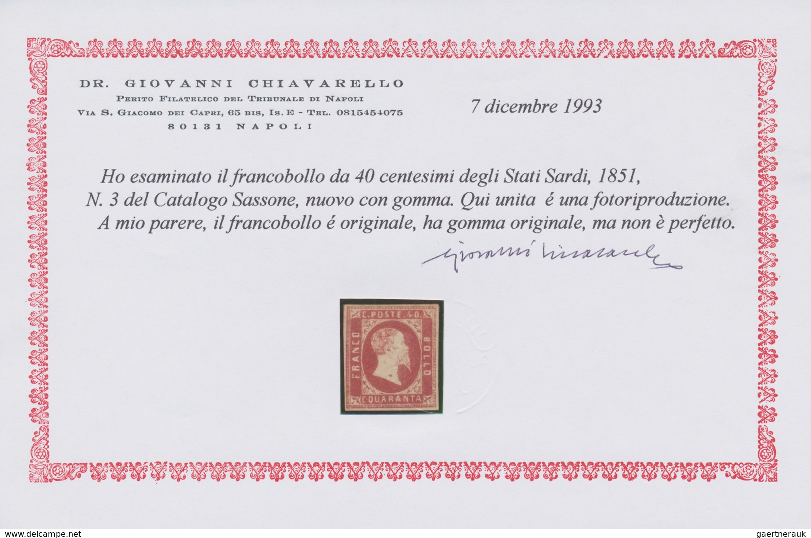 00804 Italien - Altitalienische Staaten: Sardinien: 1851: 40 Cents Rose, Mint With Original Gum, Well Marg - Sardegna