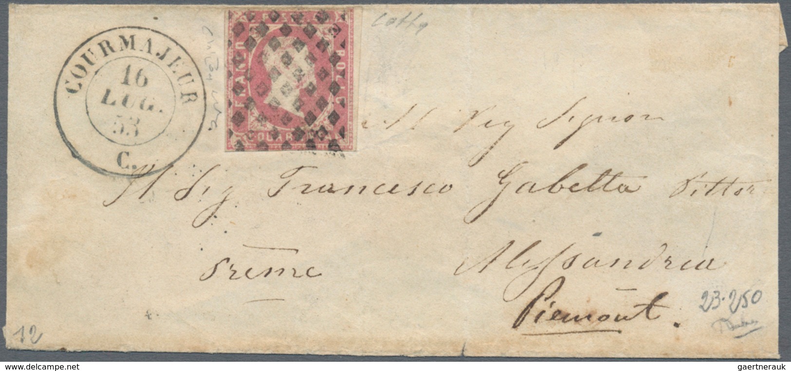 00807 Italien - Altitalienische Staaten: Sardinien: 1851: 40 Cents Rose On A Small Envelope Dated 16 July - Sardinia
