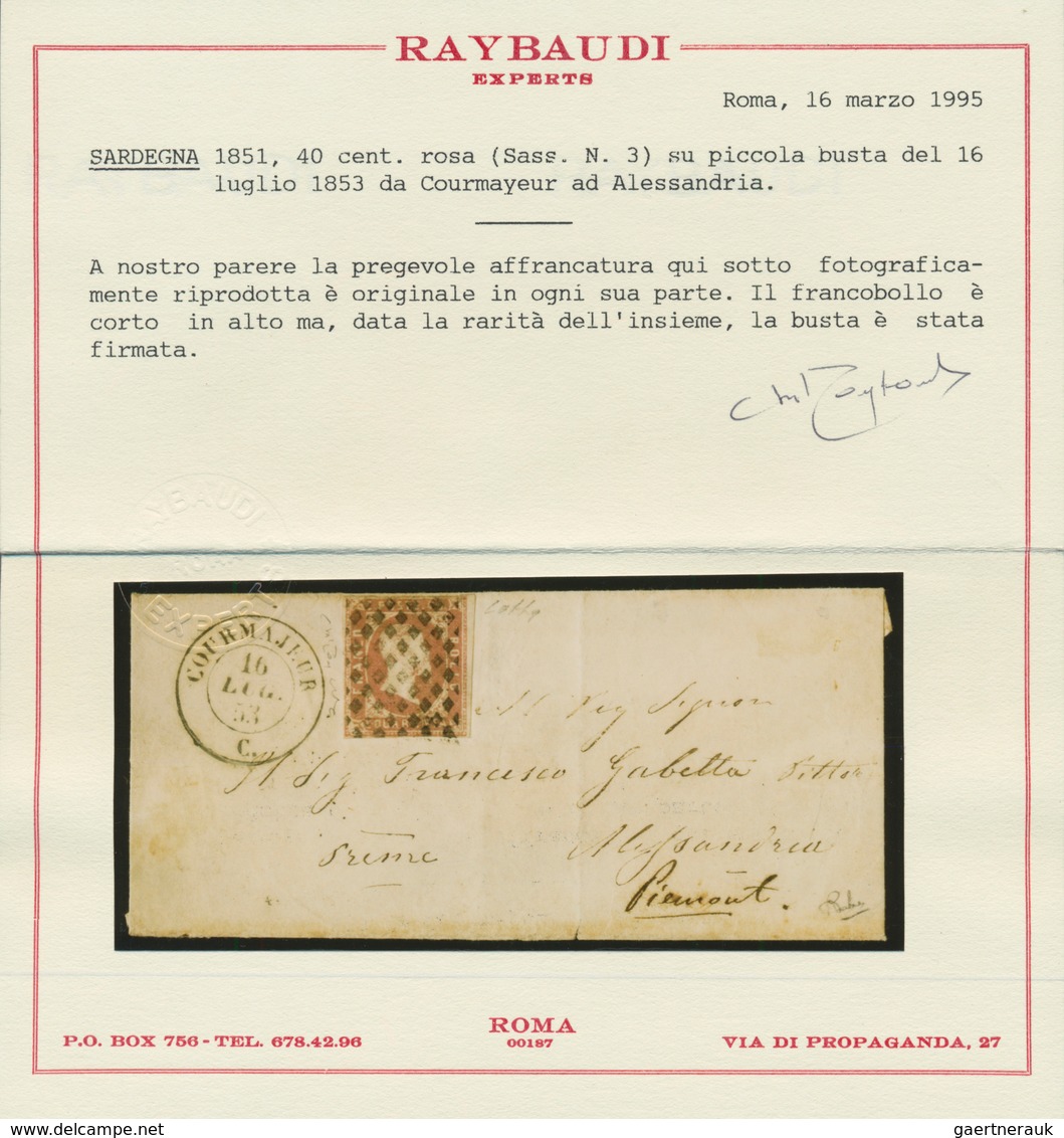 00807 Italien - Altitalienische Staaten: Sardinien: 1851: 40 Cents Rose On A Small Envelope Dated 16 July - Sardegna