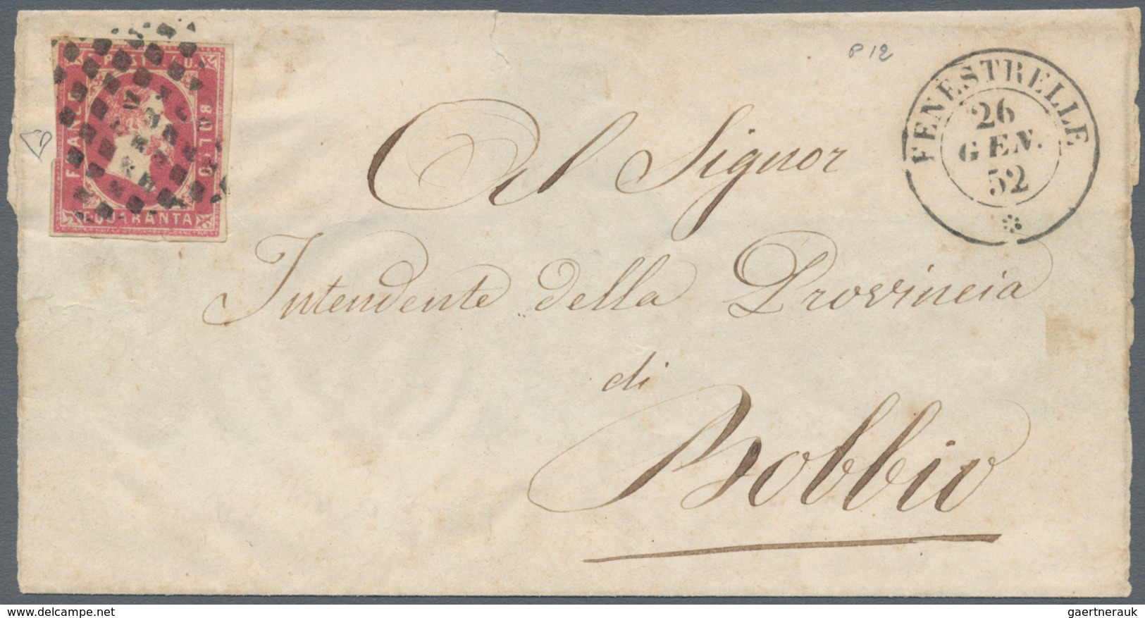 00808 Italien - Altitalienische Staaten: Sardinien: 1851: 40 Cents Rose Carmine, On A Small Envelope From - Sardaigne