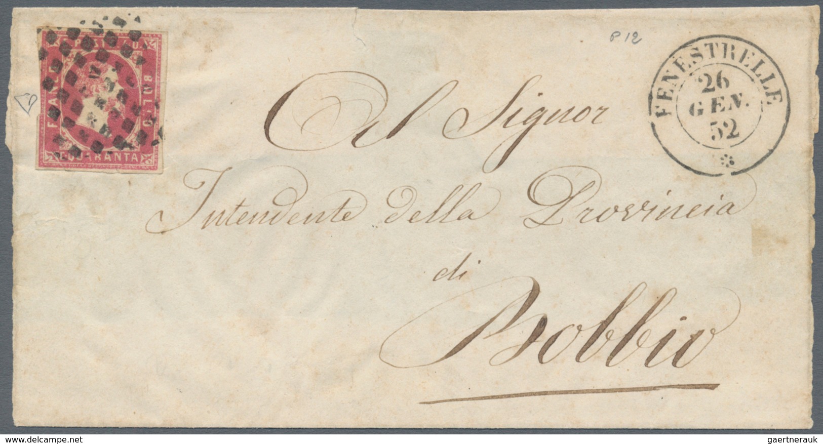 00808 Italien - Altitalienische Staaten: Sardinien: 1851: 40 Cents Rose Carmine, On A Small Envelope From - Sardinia