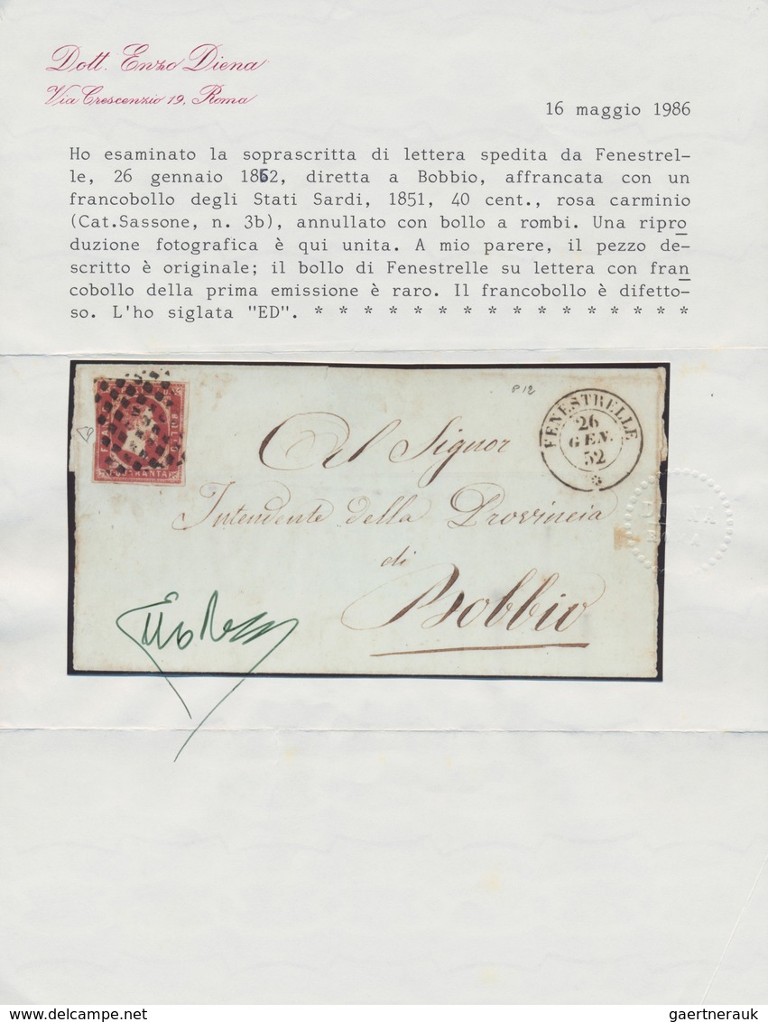 00808 Italien - Altitalienische Staaten: Sardinien: 1851: 40 Cents Rose Carmine, On A Small Envelope From - Sardinien