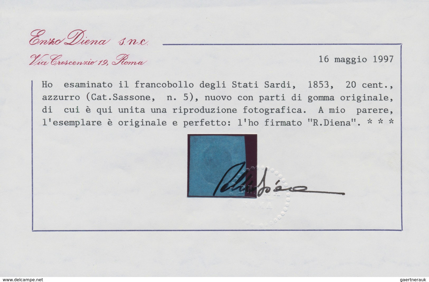 00812 Italien - Altitalienische Staaten: Sardinien: 1853: 20 Cents Blue, Unused With Parts Of The Original - Sardaigne