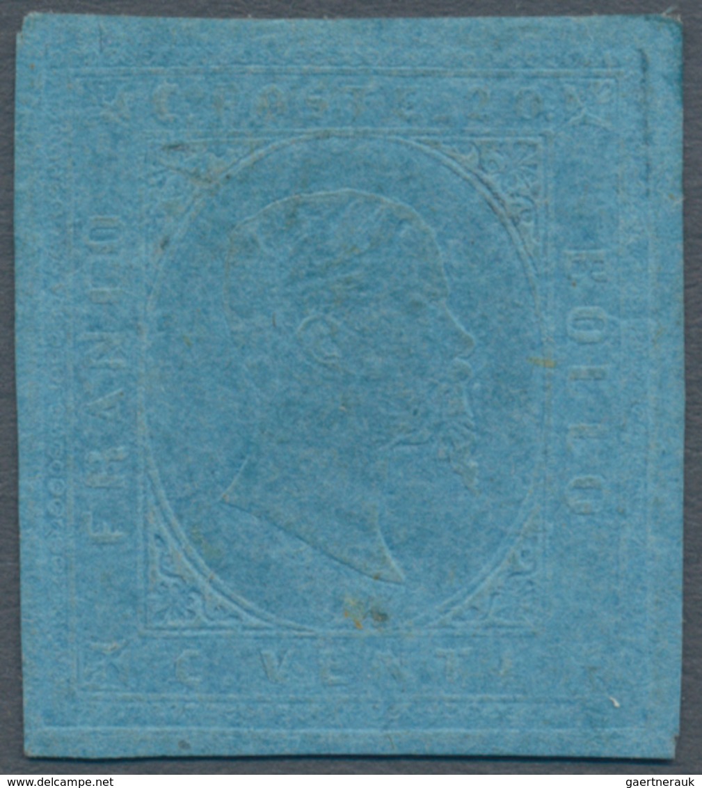 00813 Italien - Altitalienische Staaten: Sardinien: 1853: 20 Centesimi Blue, MNH, Repaired In The Middle A - Sardinien