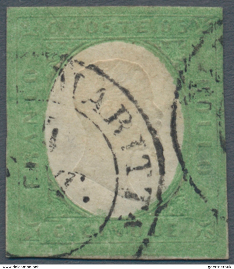 00815 Italien - Altitalienische Staaten: Sardinien: 1854: 5 Cents Green, Cancelled With Double Circle Stam - Sardinien