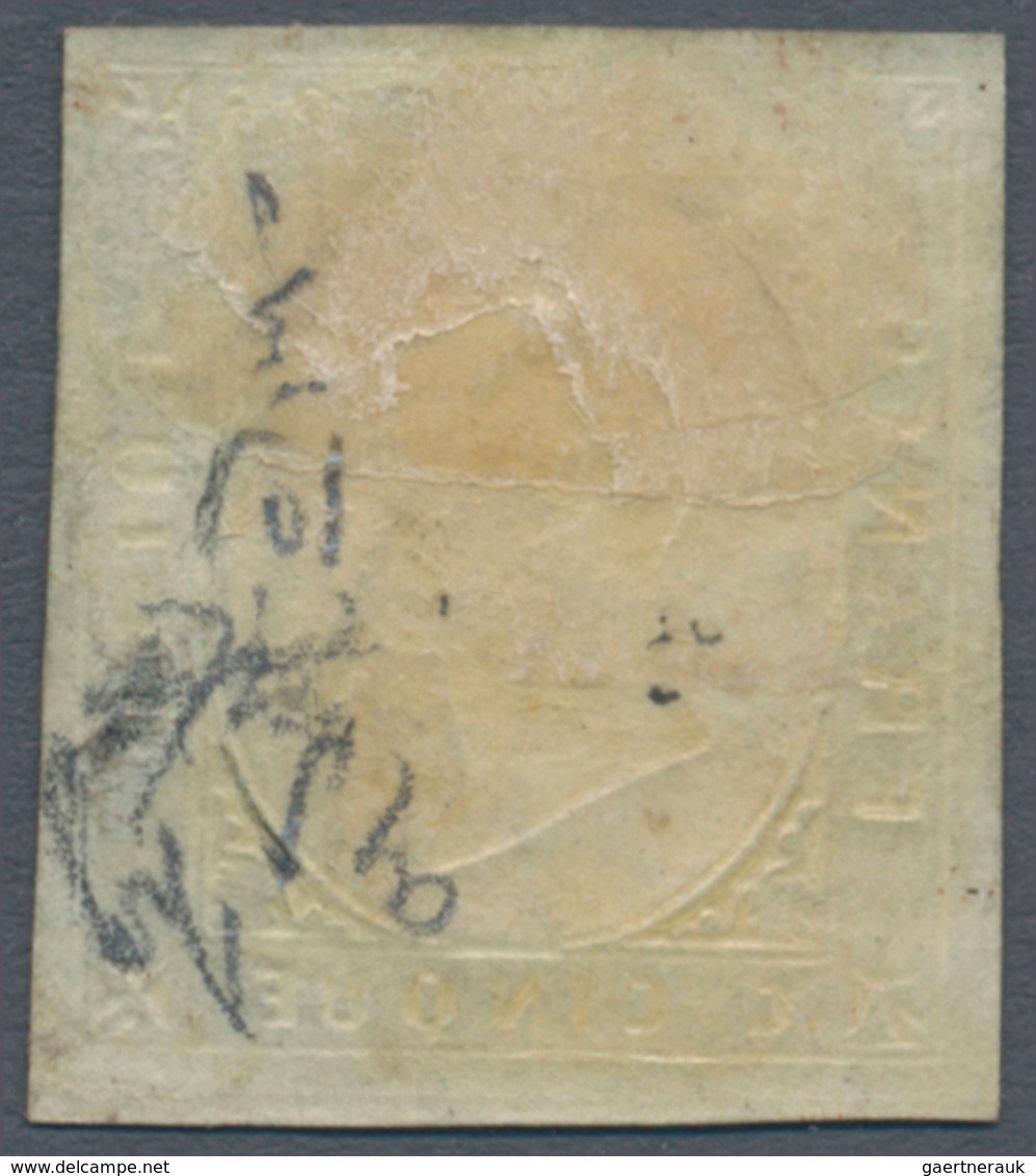 00815 Italien - Altitalienische Staaten: Sardinien: 1854: 5 Cents Green, Cancelled With Double Circle Stam - Sardinien