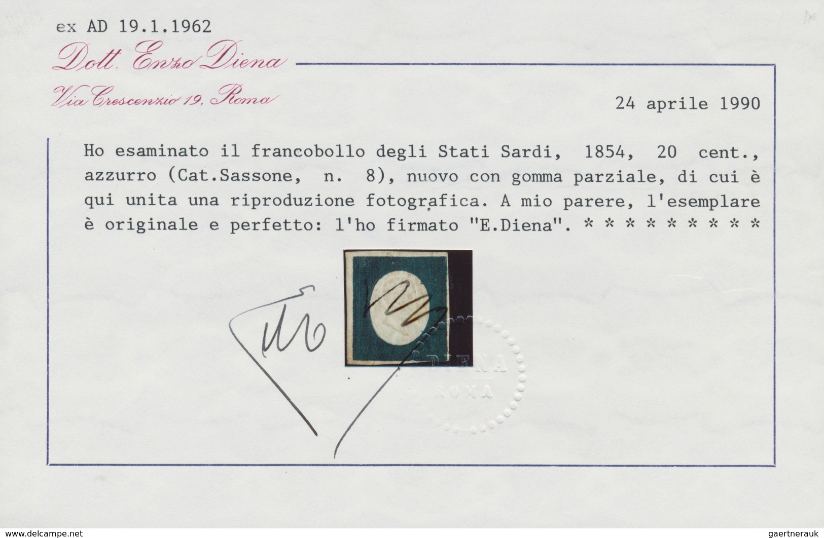 00816 Italien - Altitalienische Staaten: Sardinien: 1854, 20 Cents Blue, Unused With Partial Gum, Signed A - Sardinia