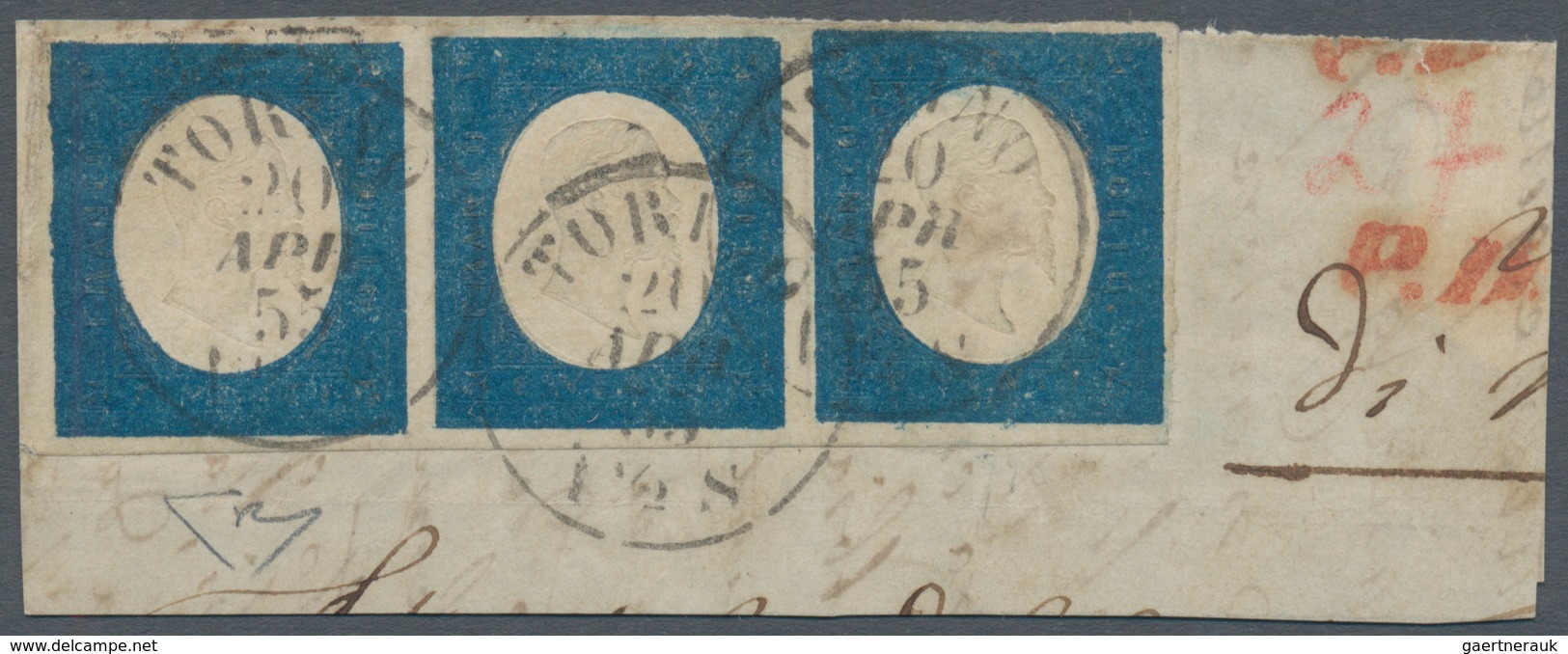 00817 Italien - Altitalienische Staaten: Sardinien: 1854: 20 Cents Blue, Strip Of Three, Cancelled With Cd - Sardegna