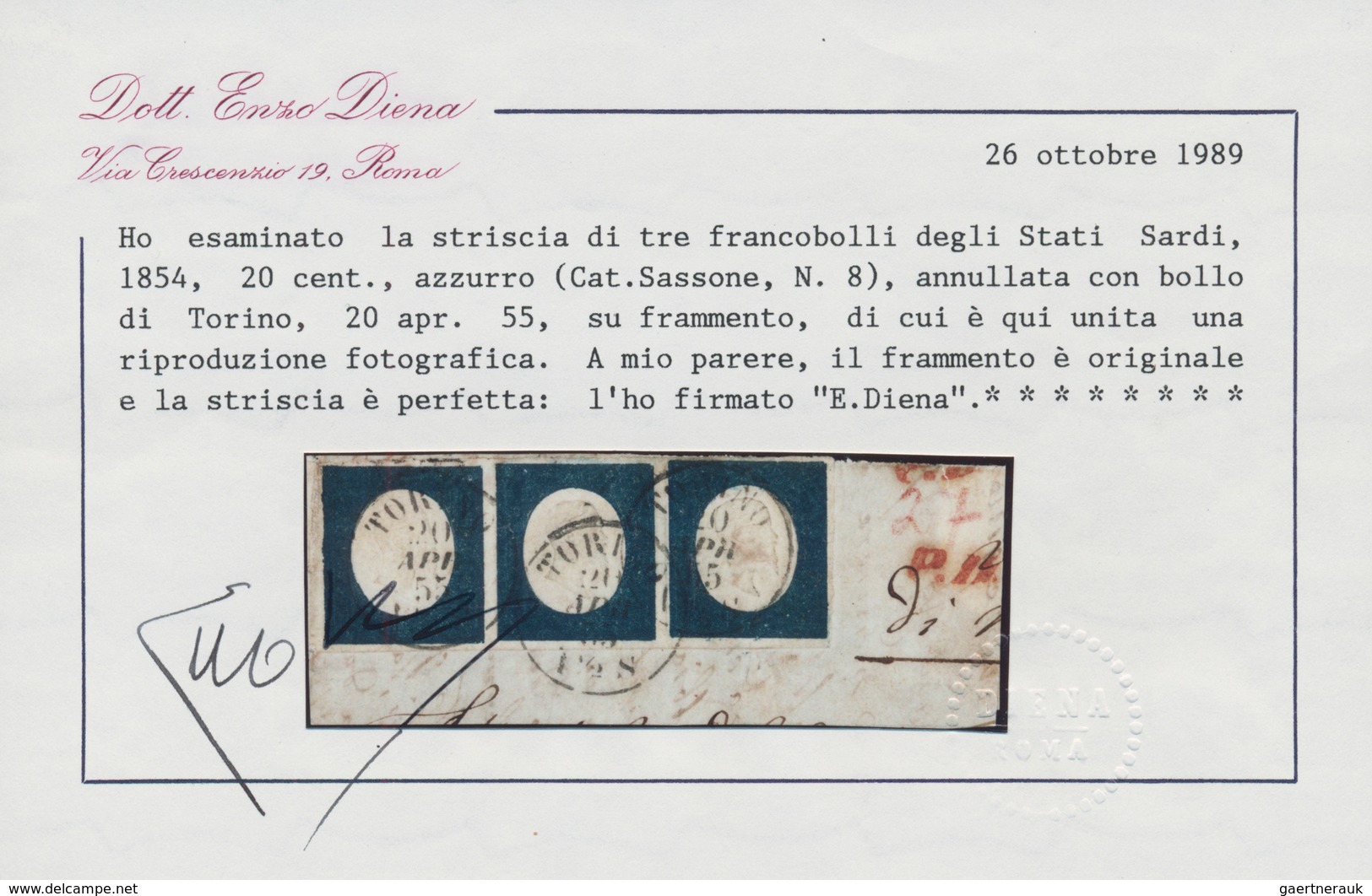 00817 Italien - Altitalienische Staaten: Sardinien: 1854: 20 Cents Blue, Strip Of Three, Cancelled With Cd - Sardinien