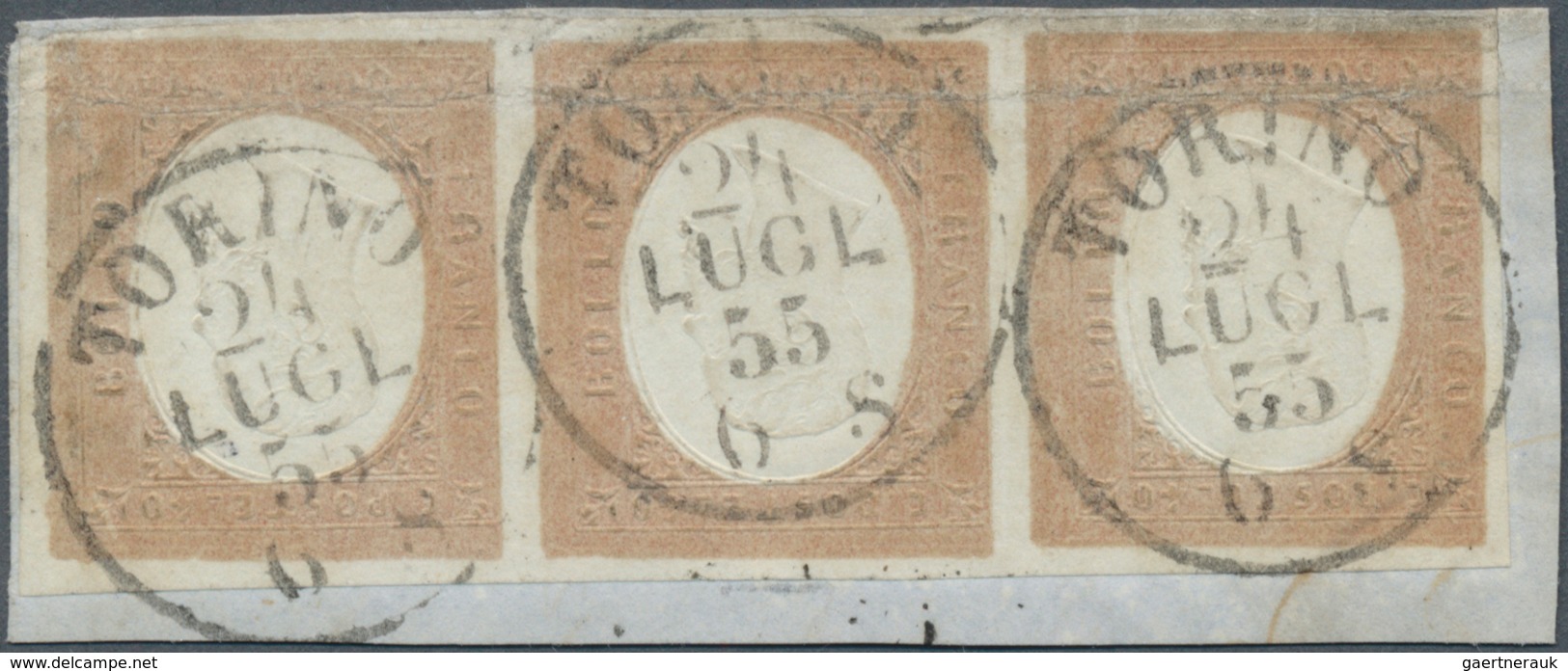 00818 Italien - Altitalienische Staaten: Sardinien: 1854: 40 Cents Brick Red, Strip Of Three On A Small Pi - Sardinia