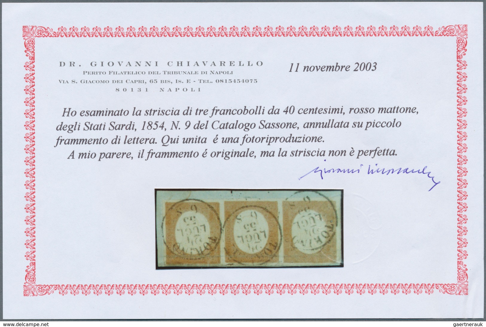 00818 Italien - Altitalienische Staaten: Sardinien: 1854: 40 Cents Brick Red, Strip Of Three On A Small Pi - Sardinien