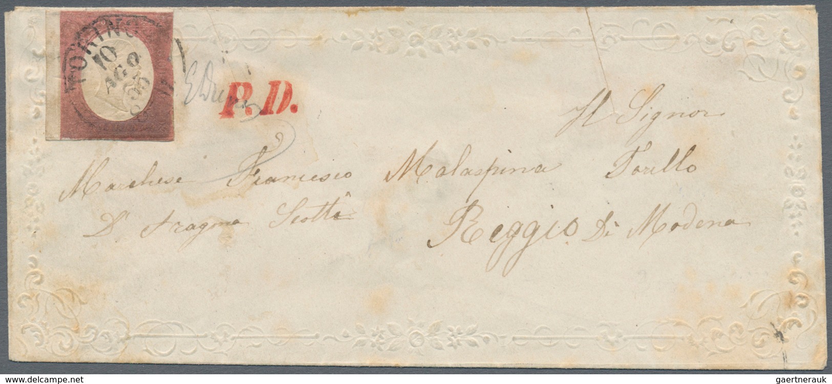 00819 Italien - Altitalienische Staaten: Sardinien: 1854: 40 Cents Brick Red On Valentines Letter With Emb - Sardinia