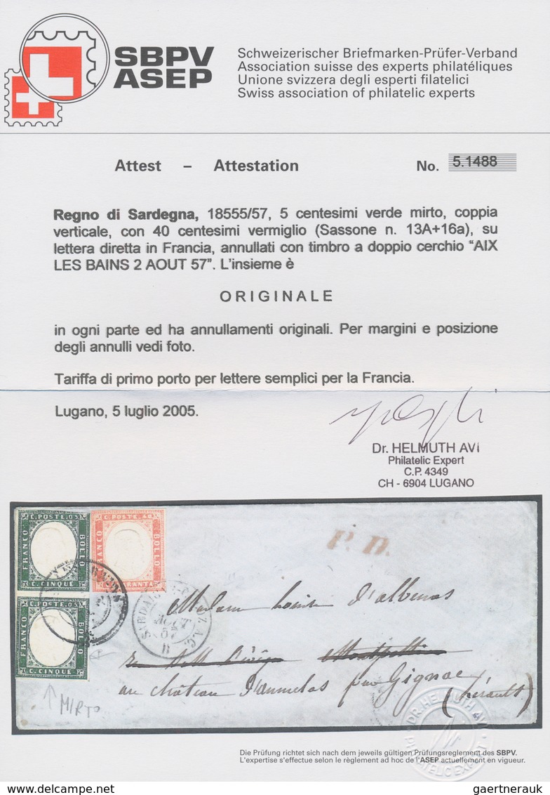 00824 Italien - Altitalienische Staaten: Sardinien: 1855/57: 5 Cents Green Myrtle, Vertical Pair, With 40 - Sardaigne