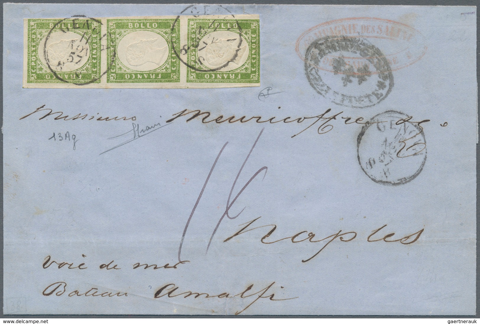 00825 Italien - Altitalienische Staaten: Sardinien: 1857, 5 Cents. Green Olive Yellow, Vertical Strip Of T - Sardaigne