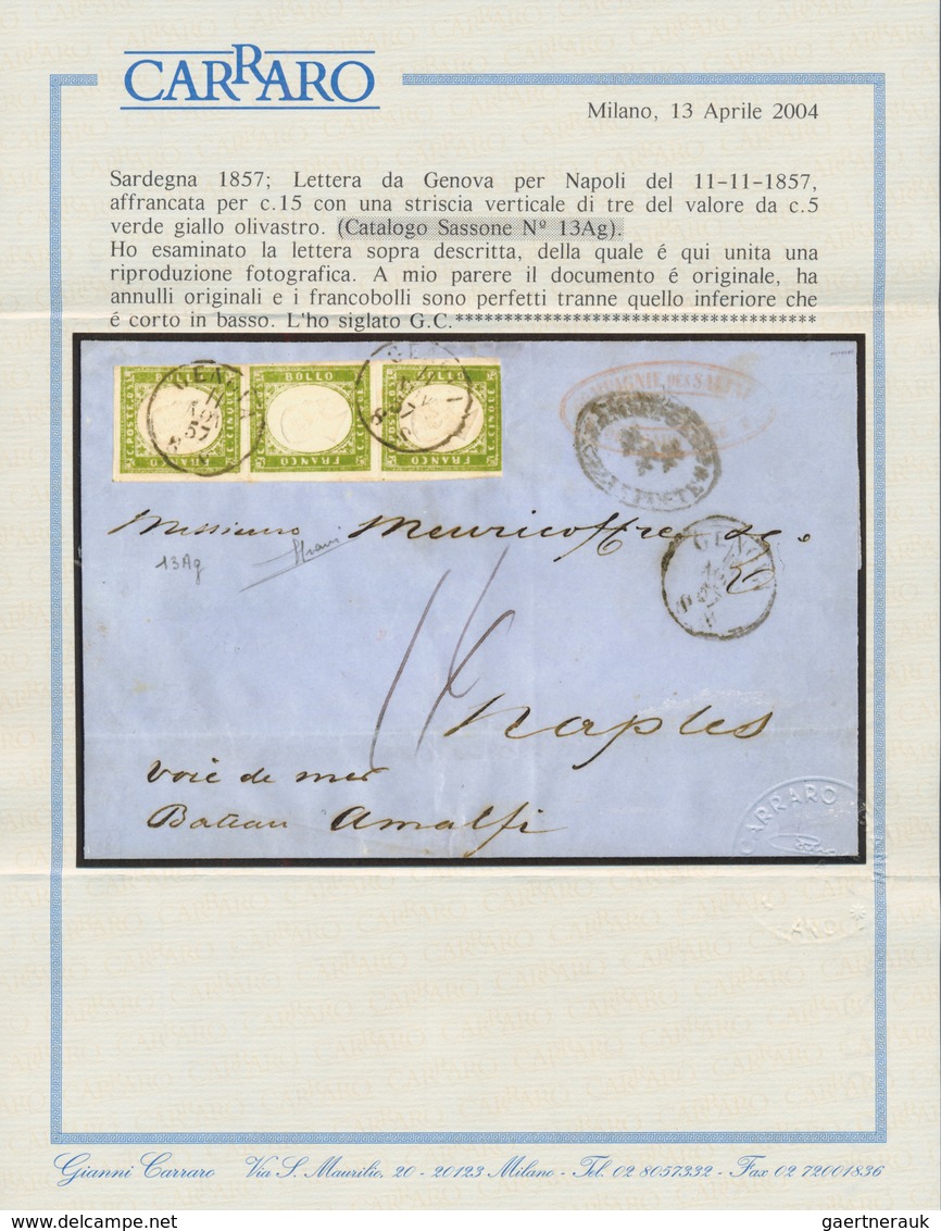 00825 Italien - Altitalienische Staaten: Sardinien: 1857, 5 Cents. Green Olive Yellow, Vertical Strip Of T - Sardinia