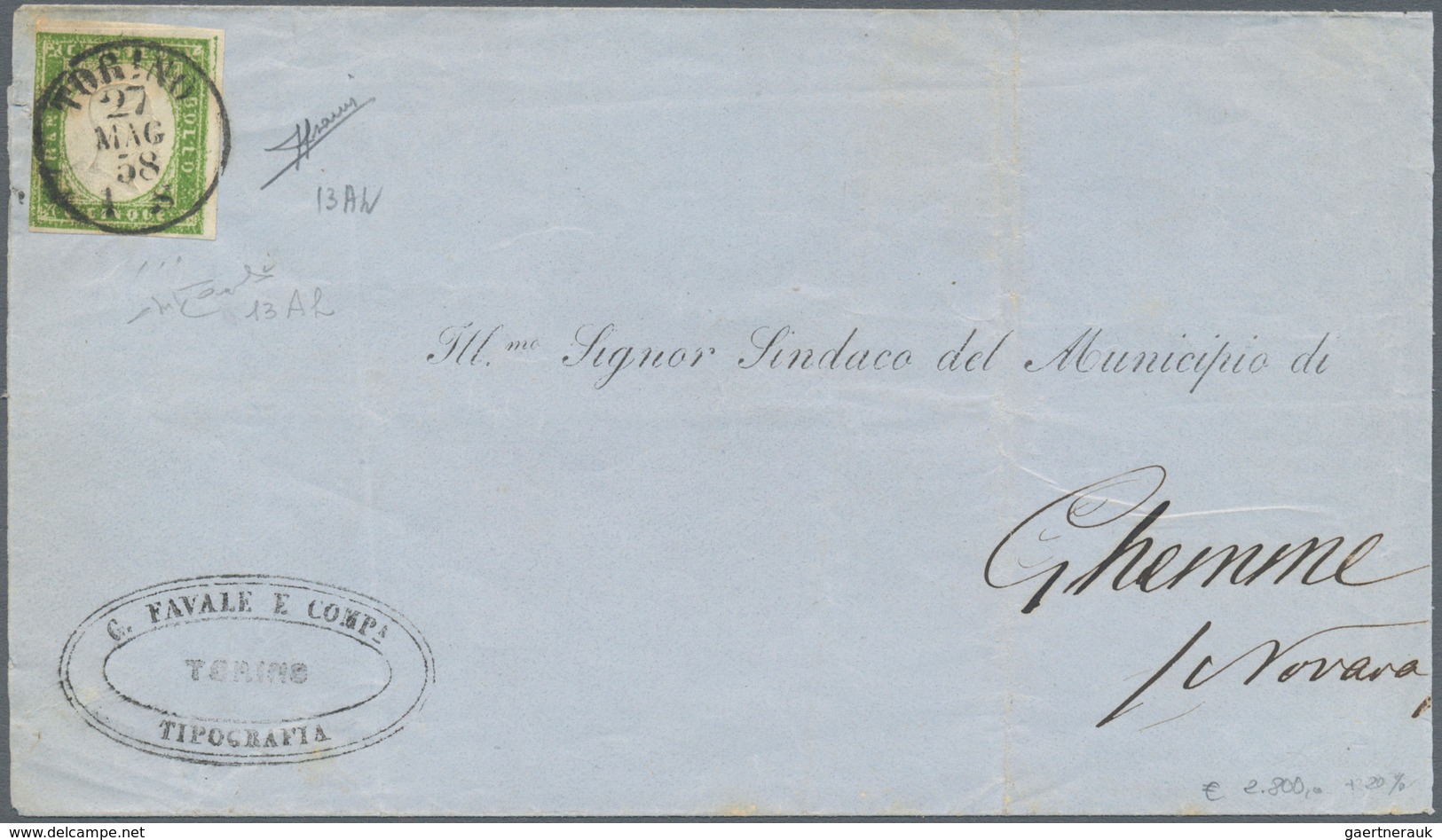 00826 Italien - Altitalienische Staaten: Sardinien: 1857: 5 Cents Green Yellow (faulty Print), Single Fran - Sardegna