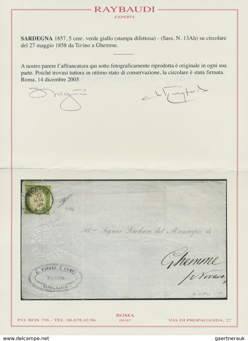 00826 Italien - Altitalienische Staaten: Sardinien: 1857: 5 Cents Green Yellow (faulty Print), Single Fran - Sardinia