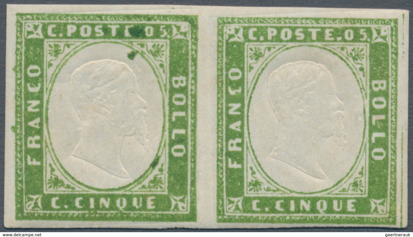 00827 Italien - Altitalienische Staaten: Sardinien: 1855, 5 Cents, Horizontal Pair, Bright Yellow Green, M - Sardinia