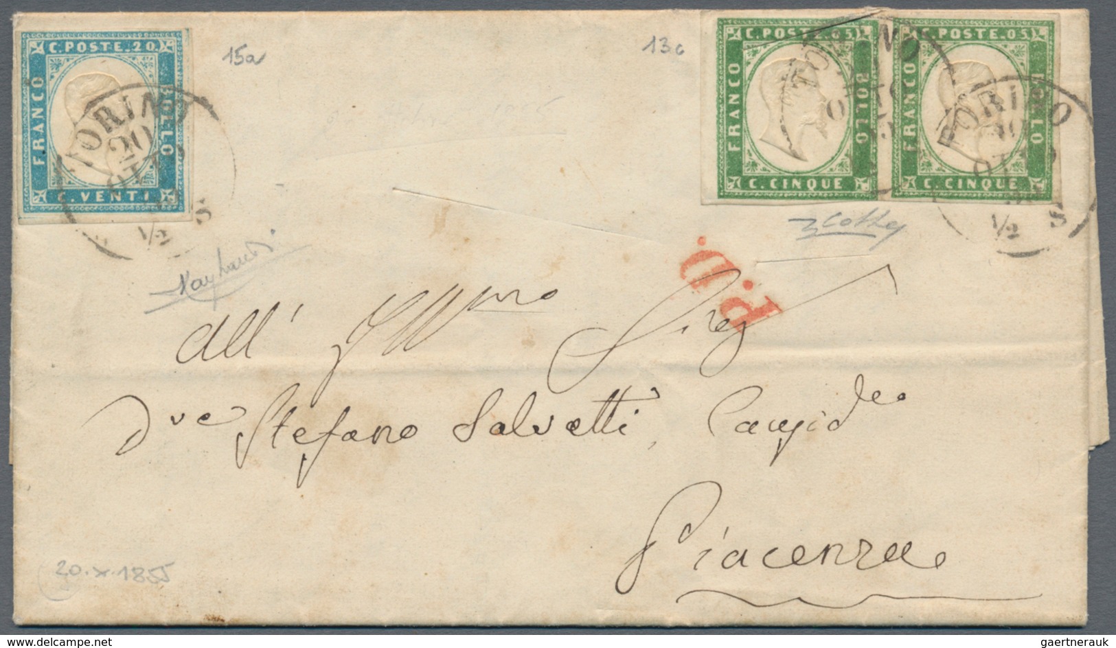 00829 Italien - Altitalienische Staaten: Sardinien: 1855: 5 Cents, Pea Green, Horizontal Pair And 20 Cents - Sardinia