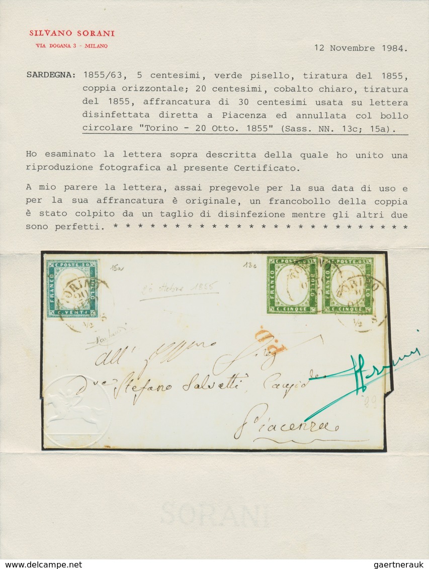 00829 Italien - Altitalienische Staaten: Sardinien: 1855: 5 Cents, Pea Green, Horizontal Pair And 20 Cents - Sardinien