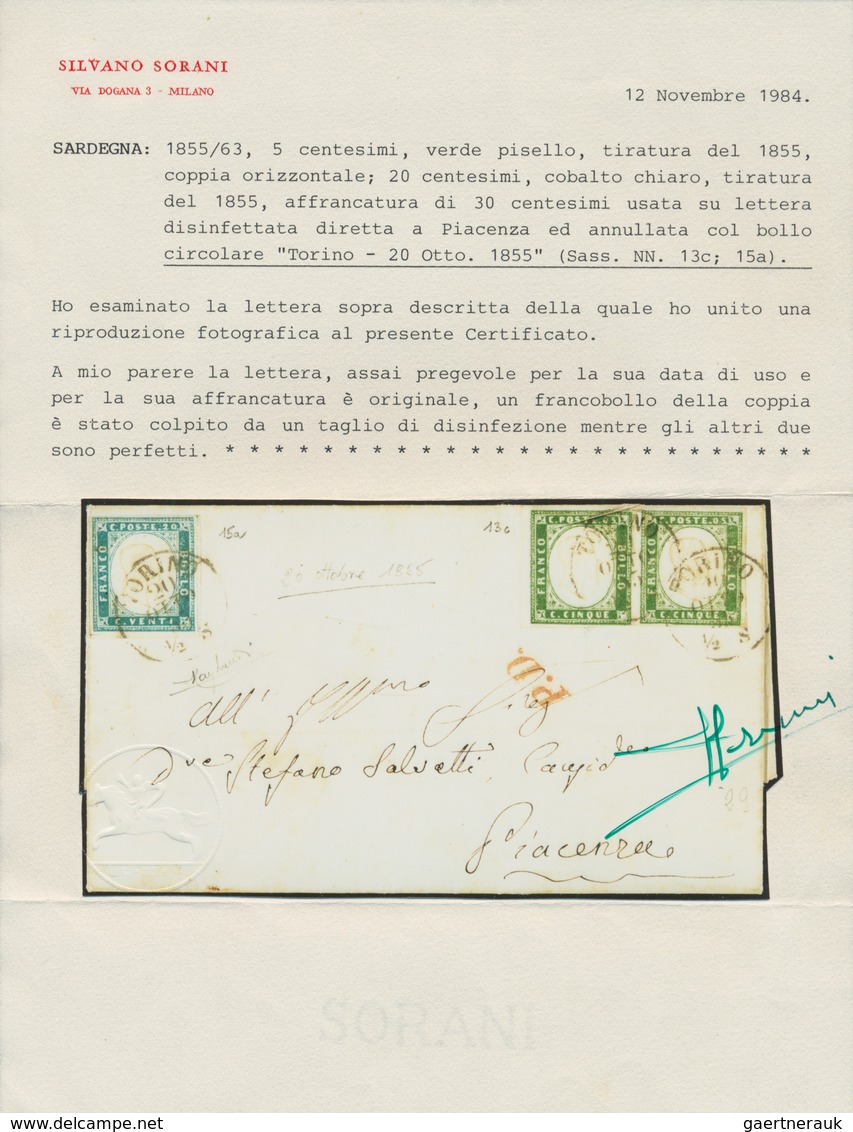 00829 Italien - Altitalienische Staaten: Sardinien: 1855: 5 Cents, Pea Green, Horizontal Pair And 20 Cents - Sardaigne