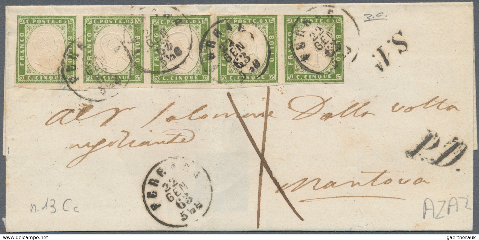 00830 Italien - Altitalienische Staaten: Sardinien: 1855: 5 Cents Yellowish Olive Green, Strip Of Five, On - Sardinië