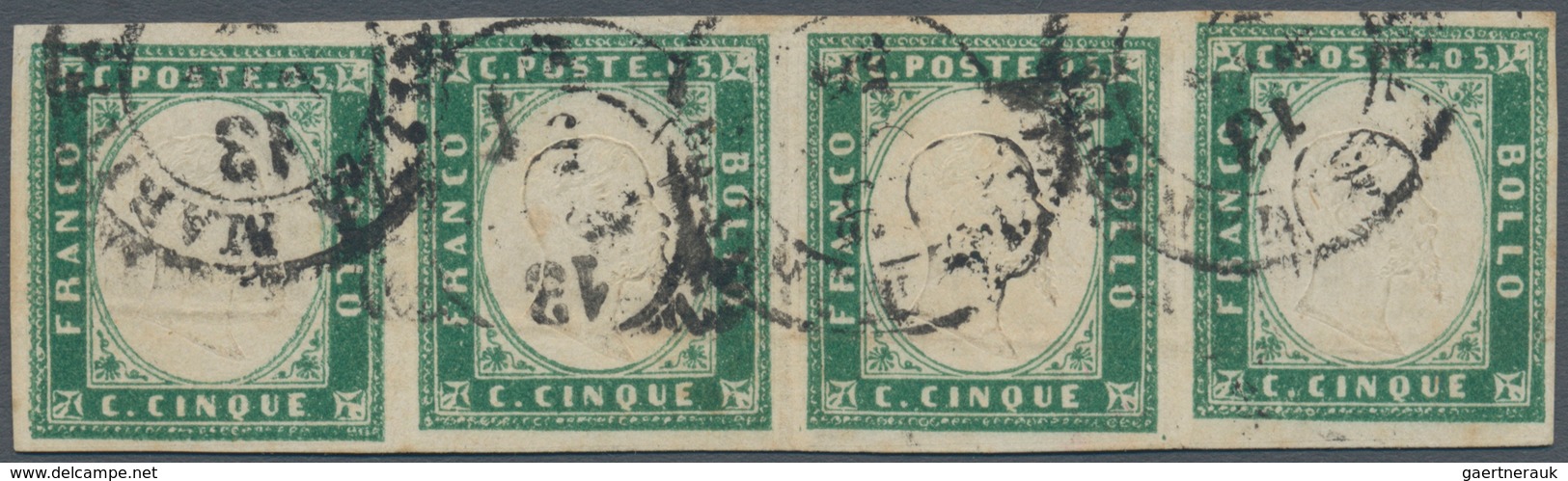 00831 Italien - Altitalienische Staaten: Sardinien: 1855: 5 C Emerald Green, Horizontal Strip Of Four, Can - Sardinia