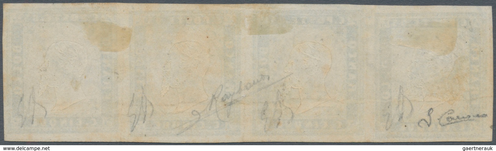 00831 Italien - Altitalienische Staaten: Sardinien: 1855: 5 C Emerald Green, Horizontal Strip Of Four, Can - Sardegna