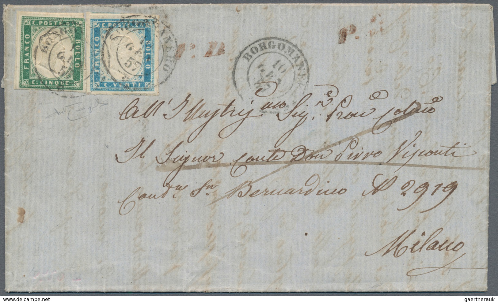 00832 Italien - Altitalienische Staaten: Sardinien: 1857, 5 Cent Emerald Green And 20 Cent Milk Blue On Le - Sardaigne