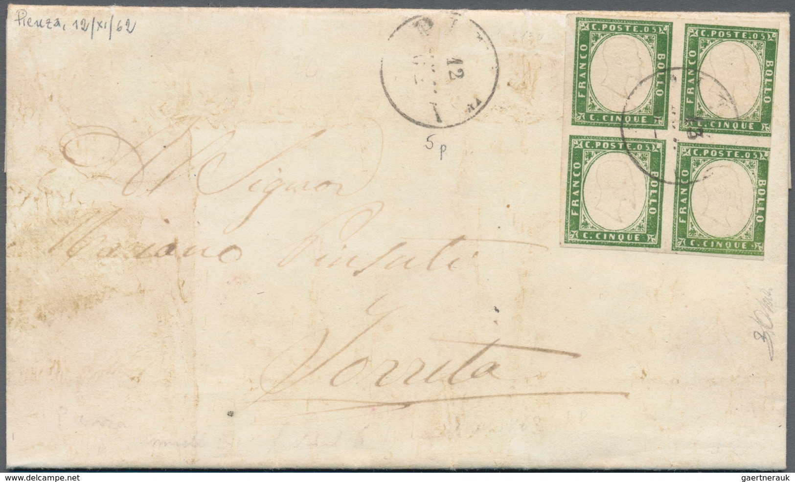 00834 Italien - Altitalienische Staaten: Sardinien: 1862: Letter Franked With 5 Cents Yellowish Green, Blo - Sardinia