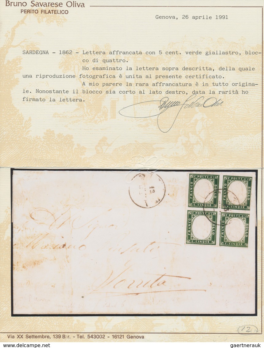 00834 Italien - Altitalienische Staaten: Sardinien: 1862: Letter Franked With 5 Cents Yellowish Green, Blo - Sardegna