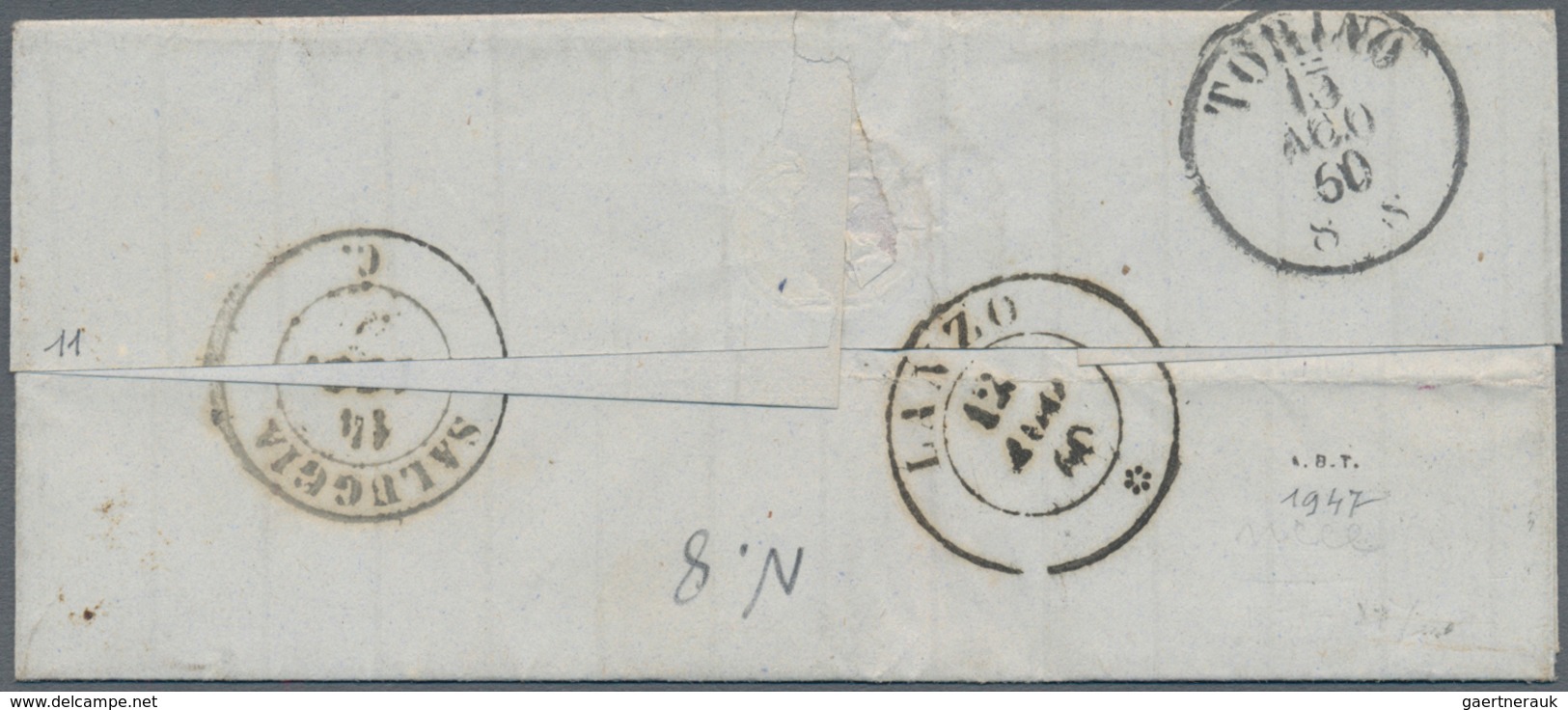 00836 Italien - Altitalienische Staaten: Sardinien: 1858, 10 Cents Umbra, 2x On A Small Letter Dated 31 Au - Sardaigne