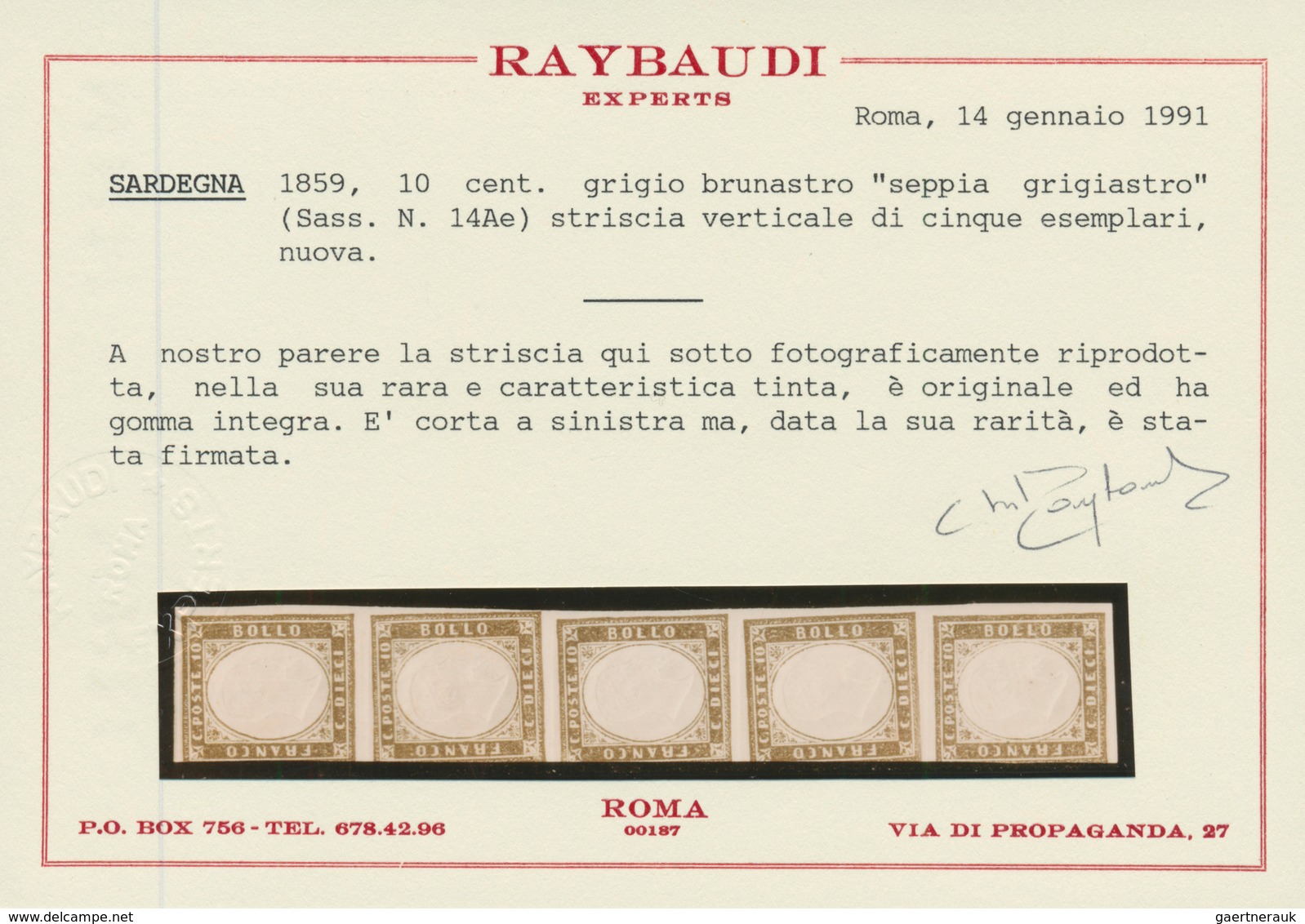 00837 Italien - Altitalienische Staaten: Sardinien: 1859: 10 Cents Brownish Gray "grayish Sepia", Vertical - Sardinien