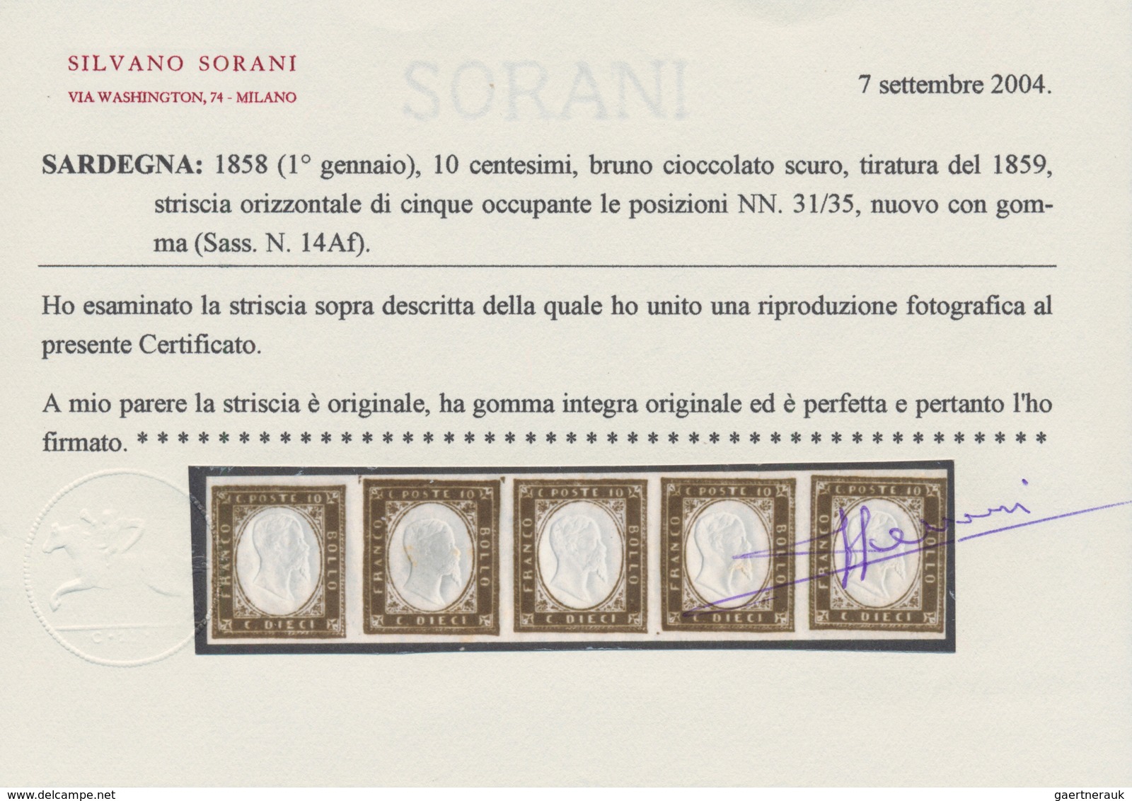 00839 Italien - Altitalienische Staaten: Sardinien: 1858: 10 Cents Dark Chocolate Brown, 1859 Printing, Ho - Sardegna