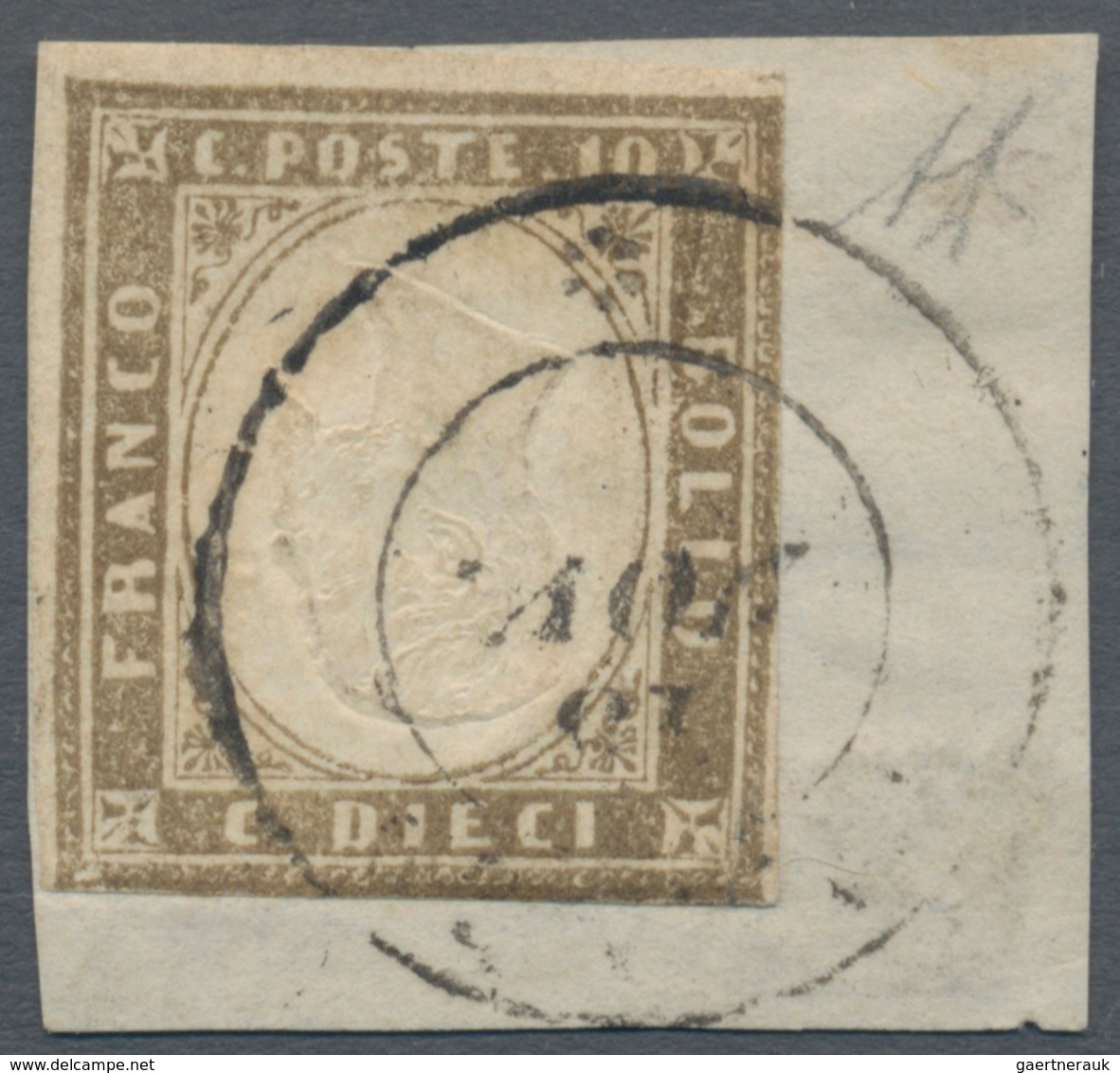 00840 Italien - Altitalienische Staaten: Sardinien: 1858, 10 Cents, Light Olive Gray, INVERTED CENTER, Tie - Sardaigne