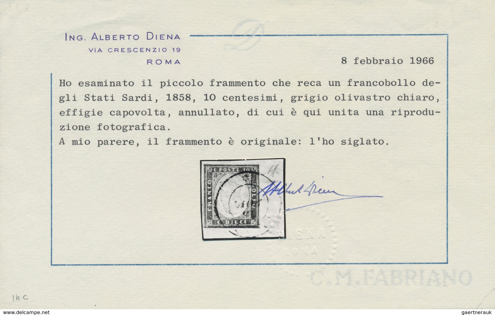 00840 Italien - Altitalienische Staaten: Sardinien: 1858, 10 Cents, Light Olive Gray, INVERTED CENTER, Tie - Sardinien