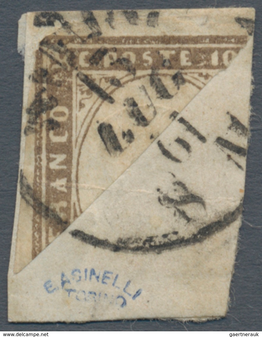 00841 Italien - Altitalienische Staaten: Sardinien: 1861, 10 Cents Dark Brown, Diagonally BISECT On A Smal - Sardinia