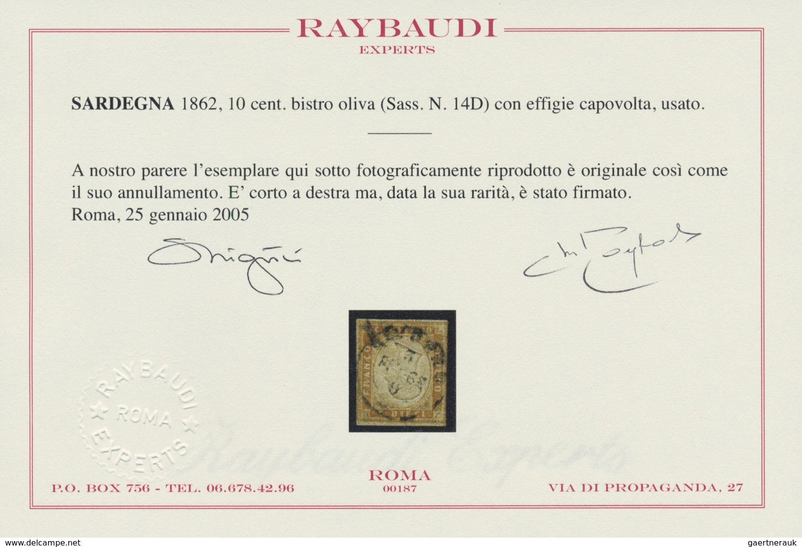 00842 Italien - Altitalienische Staaten: Sardinien: 1862, 10 Cents. Bistre Olive With INVERTED CENTER, Use - Sardaigne