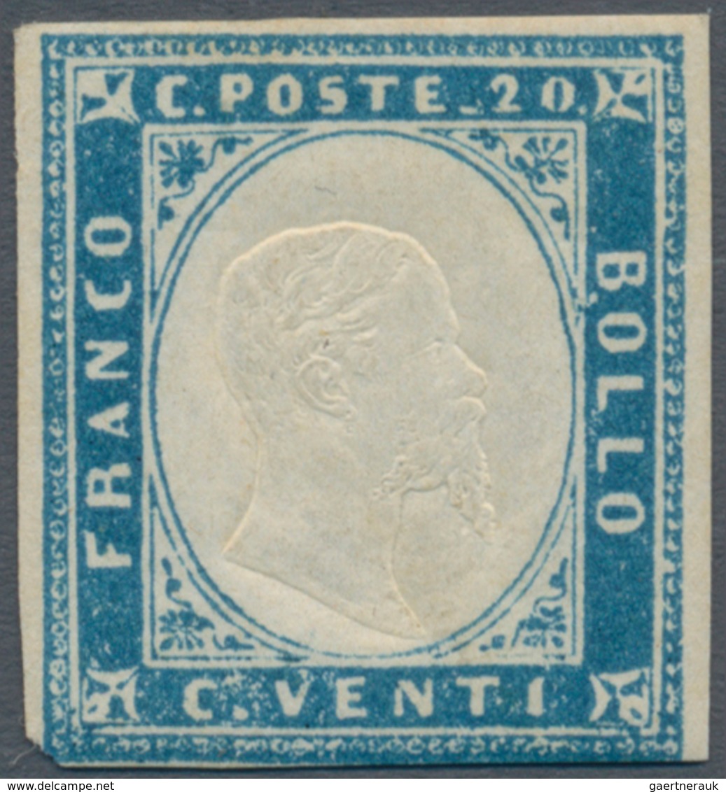00843 Italien - Altitalienische Staaten: Sardinien: 1855, 20 Cents Cobalt, MNH, Has The Lower Left Corner - Sardinia